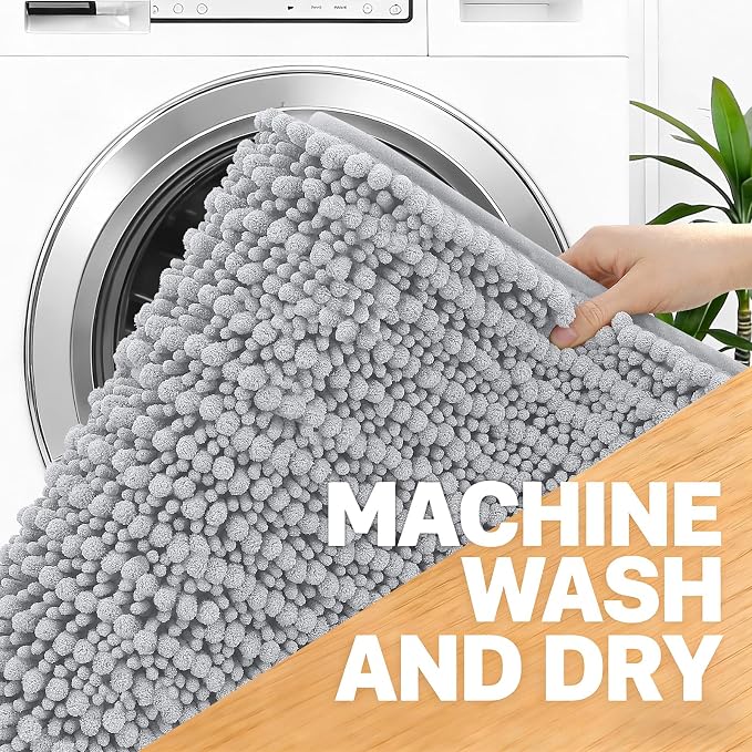 OLANLY Long Bathroom Rugs Runner 47x17, Thick Soft and Absorbent Chenille Bath Mat, Non-Slip, Machine Washable Quick Dry Bath Rugs for Tub Shower Floor, Home Decor Accessories, Light Grey