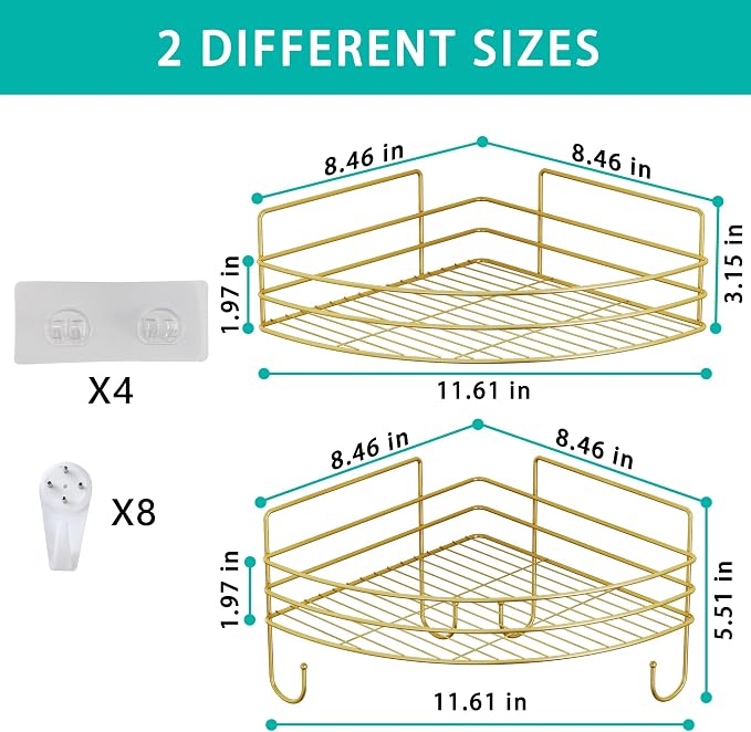 Corner Shower Shelves with 4 Hooks, 2-Tier Stainless Steel Bathroom Shower Organizers, Wall Mounted Caddy Shelves No Drilling with Adhesive, Triangle Storage Shelf for Toilet, Dorm and Kitchen, Gold