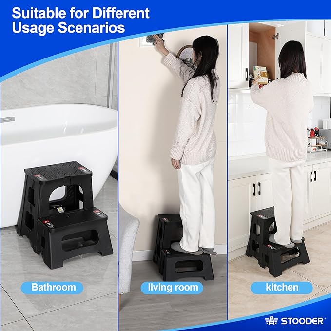 Folding Step Stool, 2-Step 8" 17", Non-Slip, 300lb Capacity | No Assembly, Stable A-Frame, Safety Lock, Anti-Slip Rubber Feet, Collapsible Stool for Kitchen Bathroom Bed RV Offic Garden