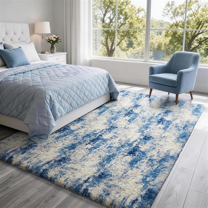 Ophanie 6x9 Blue and Gray Area Rugs for Living Room, Large Navy Grey White Fluffy Shag Fuzzy Plush Soft Carpets, Floor Shaggy Rugs for Bedroom, Carpet for Kids Boys Dorm Nursery Home Decor Aesthetic