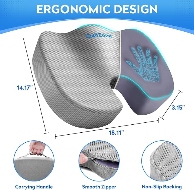 CushZone Seat Cushion, Office Chair Cushions, Car Seat Cushion, Non-Slip Sciatica & Back Coccyx Tailbone Pain Relief Chair Pad, Memory Foam(Light Grey)
