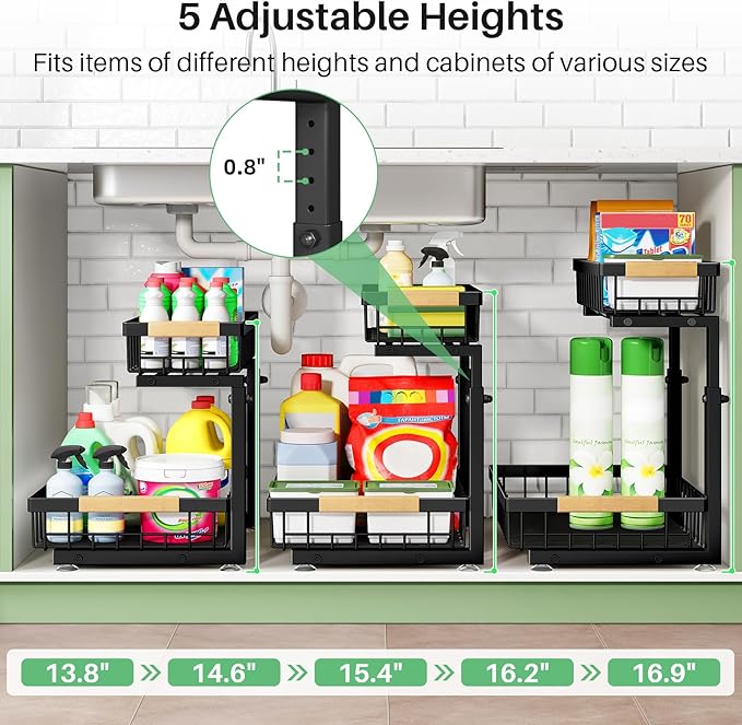 Kitstorack Under Sink Organizer, 2 Tier Under the Sink Storage, Slide out Pull out Cabinet Organizer Shelf, Metal Sliding Drawer for Kitchen Bathroom Pantry Closet Organization Rack, Black, 1 Pack