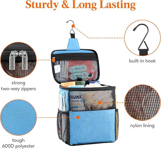Lifewit Mesh Shower Caddy Bag Portable for College Dorm Room Essentials, Hanging Organizer Basket, Quick Dry Tote Bag for Camping, Bathroom, Beach, Travel, Medium, Blue