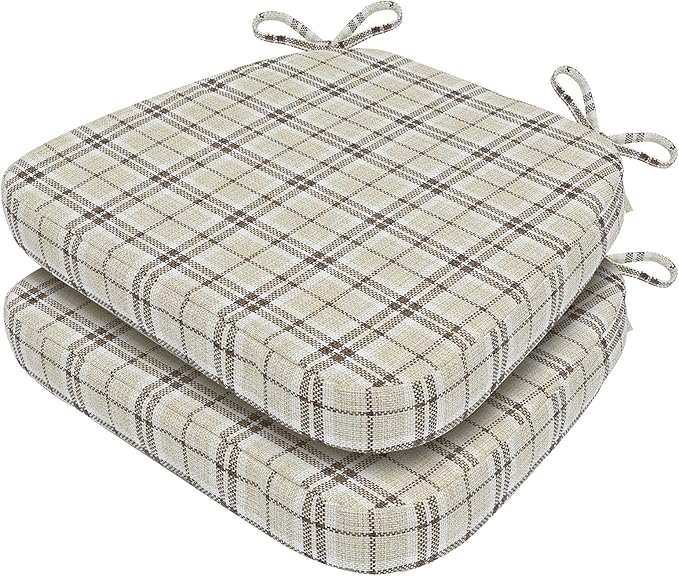 AAAAAcessories D-Shaped Chair Cushions, 2" Thick Dining Chair Pads with Ties and Removable, Machine-Washable Cover, 17" x 16", Set of 2, Tan Plaid