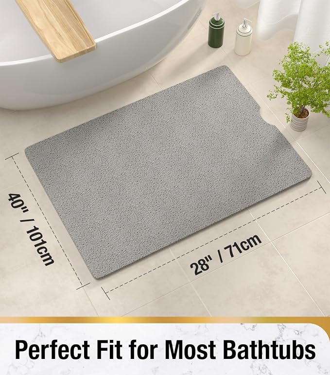 HITSLAM Non Slip Bathtub Mat 40 x 28 Inch, Extra Long Bath Mat for Tub, Soft PVC Loofah Shower Floor Mat with Drain, Quick Drying Bathroom Tub Mat for Wet Area, Without Suction Cup, Grey