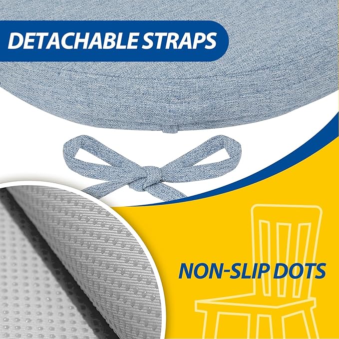 AAAAAcessories D-Shaped Chair Cushions, 2" Thick Dining Chair Pads with Ties and Removable, Machine-Washable Cover, 17" x 16", Set of 2, Light Blue