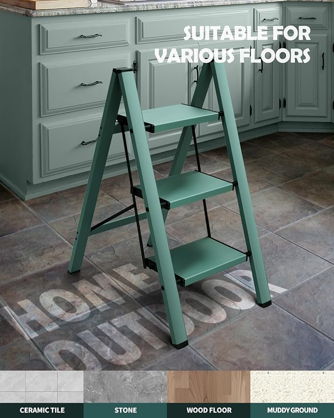 Taranta 3 Step Ladder,Aluminum Lightweight Folding 3 Step Stool with Anti-Slip Wide Pedal,330lbs Capacity Step Ladder for Household,Kitchen,Office - Green