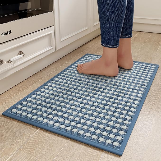 YDKGL Kitchen Mats for Floor, Super Absorbent Kitchen Rugs Non Slip Washable, Rubber Backing Soft Chenille Braided Kitchen Runner Rug Standing Mat Sink Mat, Easy to Clean, Blue 17"x30"