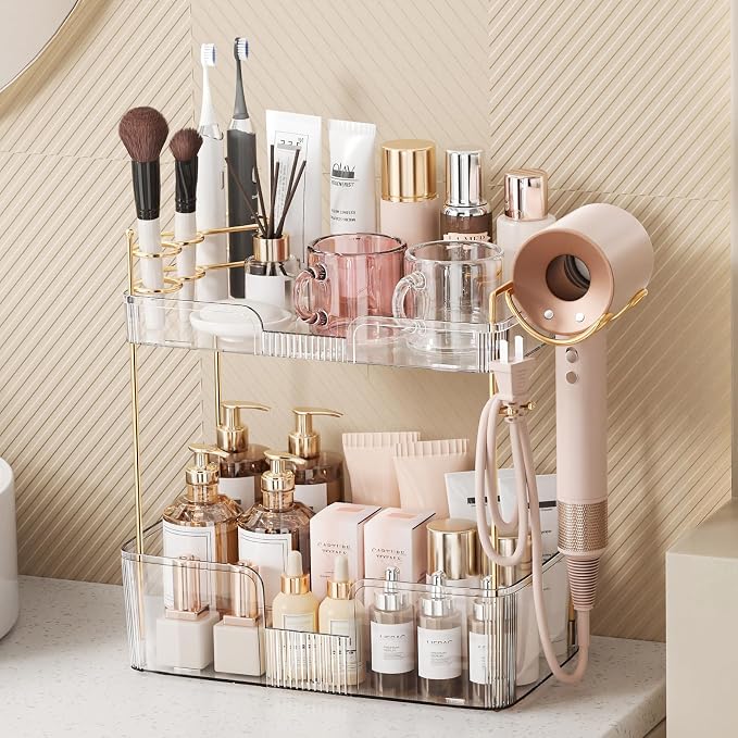 Bathroom Counter Organizer for Vanity, Makeup Organizer Countertop with Holder, Large Capacity Storage Rack, Perfect Large Skincare, Hair Care, Perfume, Easy to Install (Clear, 2Tiers)