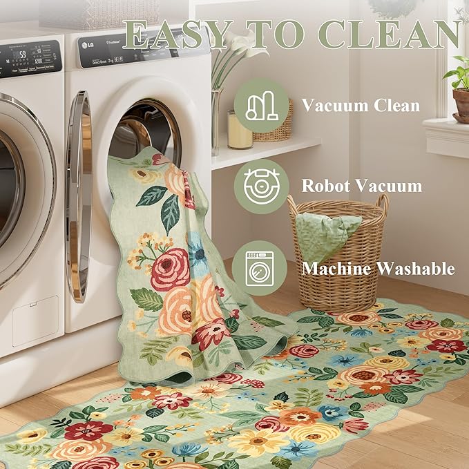 DUKINO 6x9 Area Rug, Floral Washable Rugs for Living Room with Non Slip Backing & Non-Shedding, Lightwight Low Pile Boho Design Large Carpets for Bedroom, Living Room, Dining Room, Green