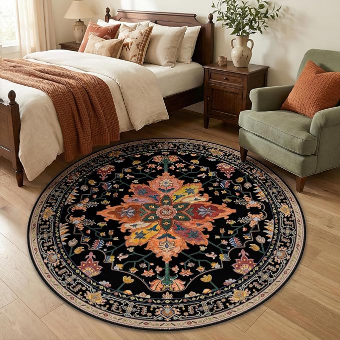RELEANY Area Rugs Round 5ft Washable Non-Slip, Floral Vintage Distress Medallion Carpet for Living Room Bedroom Dining Room, Black Colorful Floral Dark Tan