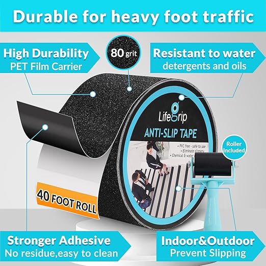 LifeGrip Anti Slip Traction Tape, 4 Inch x 40 Foot- Best Grip, Friction, Abrasive Adhesive for Stairs, Tread Step, Indoor, Outdoor (4" X 40' Tape)