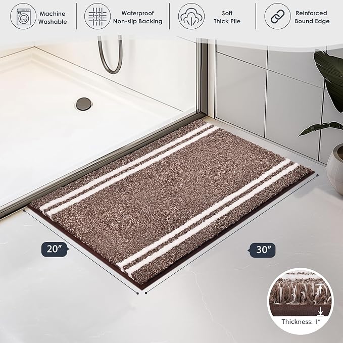 PURRUGS Bathroom Rug Non-Slip Machine Washable 20" x 30", Super Absorbent and Quick Dry Shaggy Microfiber Bath Mat, Extra Soft and Plush Bath Rug for Bathtub, Shower, and Sink, Brown