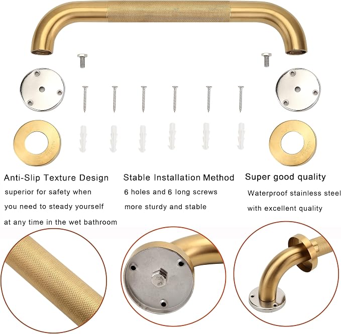 Shower Grab Bar, 2 Pack 16 Inch Gold Bathroom Grab Bar, 1.25" Diameter 304 Stainless Steel Anti-Slip Grab Bars for Bathtubs and Showers, Handicap Shower Grab Bar for Seniors Elderly