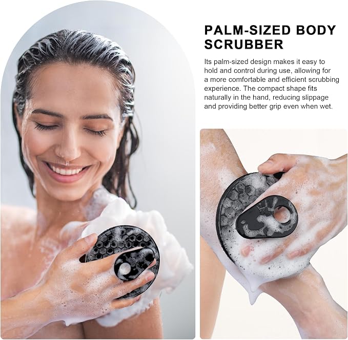 INNERNEED Food-Grade Silicone Body Scrubber Gentle Cleansing Brush with Exfoliating Net Sponge Bath Scrubbing Washcloth Case, More Hygienic and Well Lather (Black+Pink Set)