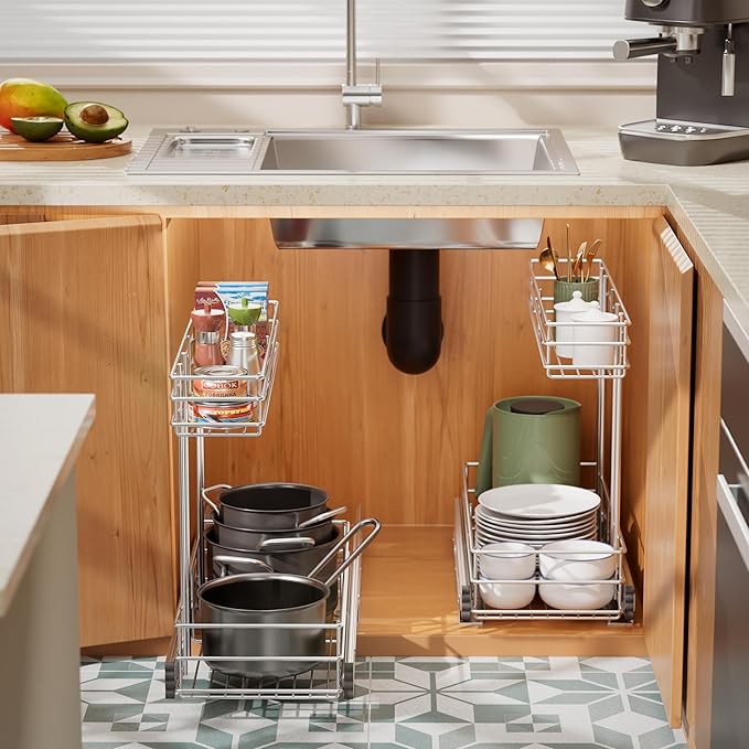 Under Sink Organizer 9"W X18.5"D，Pull Out Cabinet Organizer 2 Tier，Under Sink Slide Out Organizer Chrome Plated, Under Kitchen Bathroom Sink Organizer, Pantry Cabinet Closet Organization Rack, 1 Pack