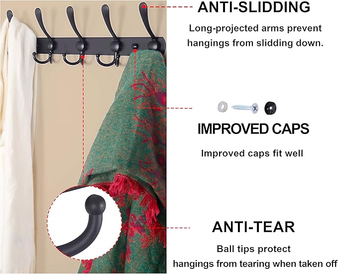 Dseap Coat Rack Wall Mounted - 5 Tri Hooks, Heavy Duty, Stainless Steel, Metal Coat Hook Rail for Coat Hat Towel Purse Robes Mudroom Bathroom Entryway (Pink, Pack of 2)