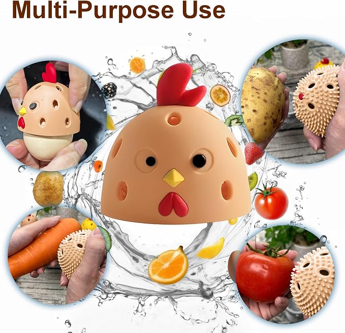Egg Washer for Fresh Eggs, Egg Scrubber for Fresh Eggs, Reusable Silicone Chicken Shaped Scrubs, Chicken Egg Cleaner, Eggshell Cleaner for Poultry Farm, Housewife Kitchen Helper Tool (Brown Chick Cap)