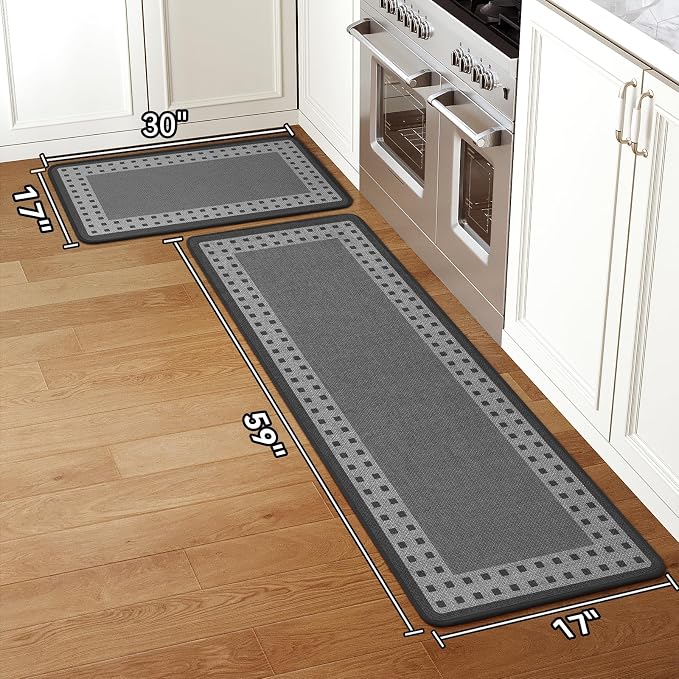 Kitchen Mats for Floor, 17''x30''+17''x59''Kitchen Rugs Set of 2, Washable Absorbent Kitchen Mat Non Slip, Braided Kitchen Runner Rug, Kitchen Sink Rug, Grey