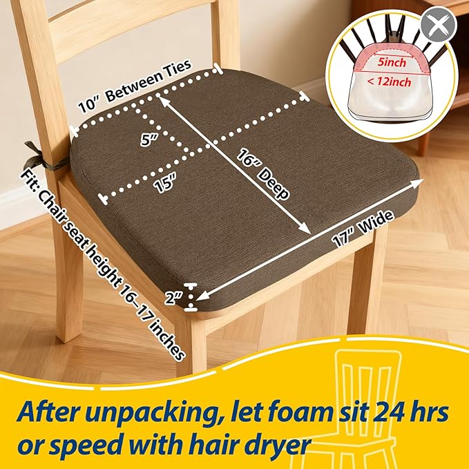 AAAAAcessories D-Shaped Chair Cushions, 2" Thick Dining Chair Pads with Ties and Removable, Machine-Washable Cover, 17" x 16", Set of 2, Taupe