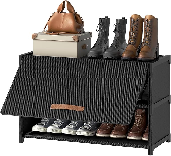 Shoe Rack, 3 Tier Shoe Storage Cabinet with Door 12 Pair Plastic Shoe Shelves Organizer for Closet, Entryway, Hallway, Bedroom, Black
