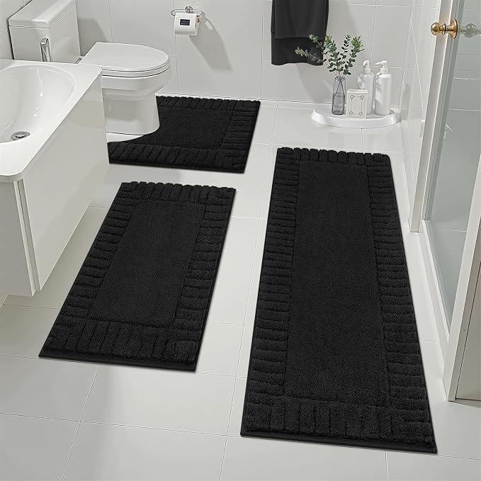 Pauwer Bathroom Rugs Sets 3 Piece Bathroom Shower Rugs with U-Shaped Contour Toilet Mat Absorbent Microfiber Plush Bath Mats Non Slip Bath Rugs Machine Washable Shaggy Bath Mat Set, Black