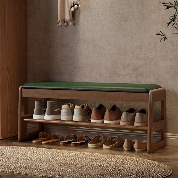 AQIMUELE Shoe Rack Bench,2 Tiers Shoe Bench with Storage with Flip-Top,Wood Shoe Rack for Entryway,Hallway（Green Upholstered Seat,11.8" D x 39.3" W x 15.7" H）