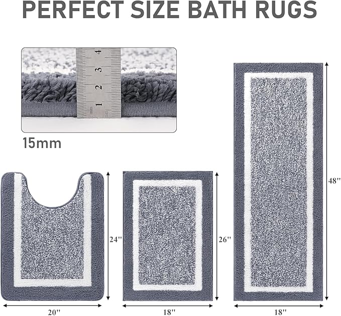 Pauwer Bathroom Rugs Set 3 Piece Non Slip Washable, Plush Absorbent Microfiber Bath Mat Shower Rug Runner Quick Dry, Super Soft U Shaped Toilet Mats Floor Carpet, Dark Grey
