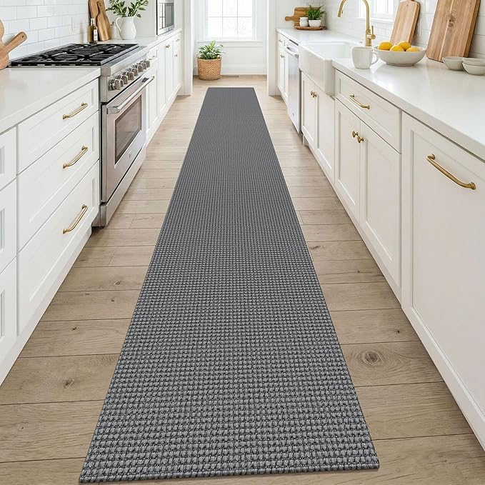KOZYFLY Cotton 2x14 Runners Rugs for Hallway, Long Washable Runner Rug, Woven Non Slip Kitchen Runner, Flatweave Entryway Rug, Floor Carpet for Entry, Aisle, Hall, Grey/Dark Grey