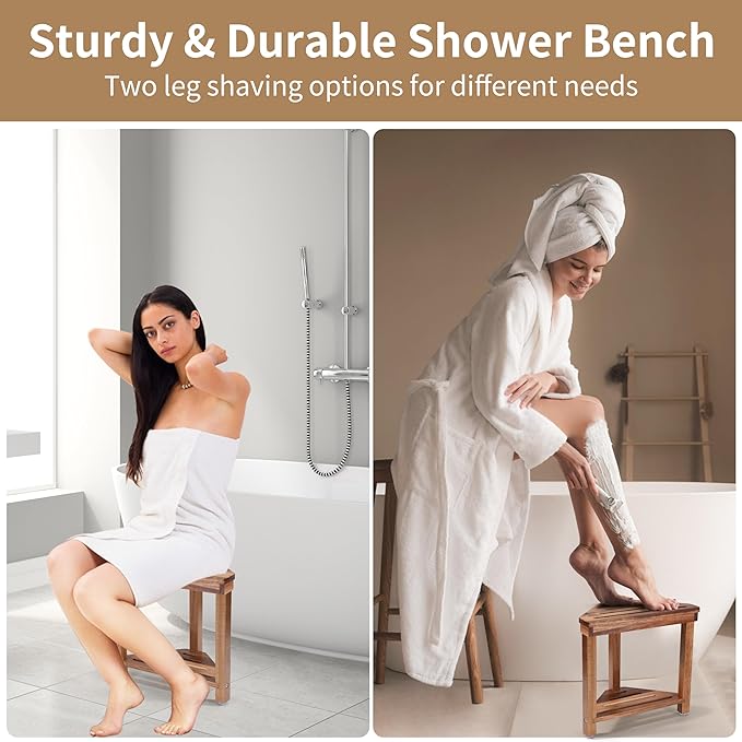 Boulphia Shower Foot Rest 14in, Acacia Wood Shower Stool for Shaving Legs, Waterproof Corner Shower Stool with Storage Shelf for Inside Small Shower Spaces, Wood Color