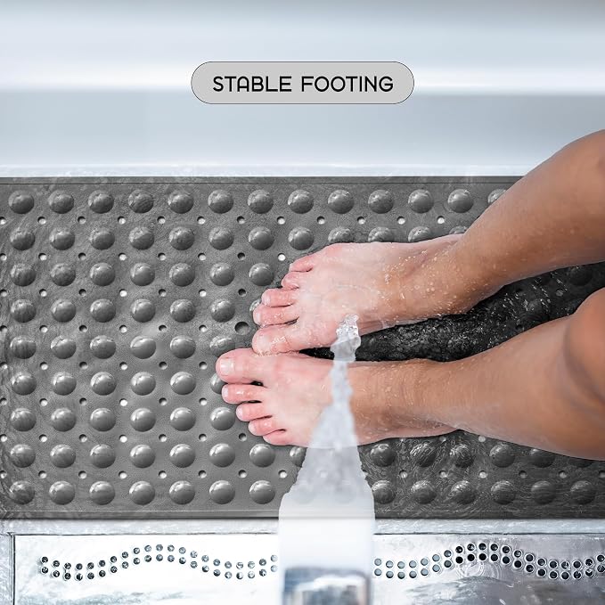 LUX Décor Non-Slip Bathtub Mat, Extra Large 40x16 Inches – Anti-Slip Safety Shower Mat with Suction Cups & Drain Holes – Machine Washable Bath Mat – Grey