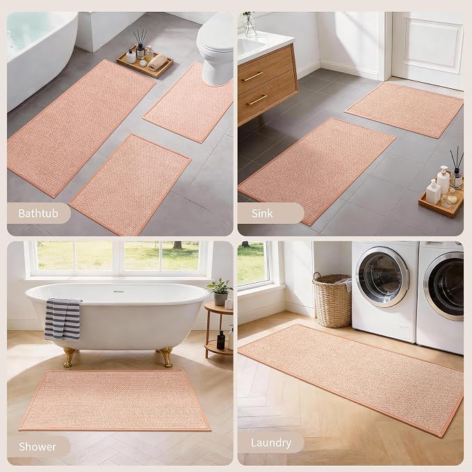 YIHOUSE Pink Bathroom Rugs Sets 3 Piece, Quick Dry Thin Bath Mat with Toilet Rug, Non Slip Absorbent Machine Washable, Bath Runner Rugs for Bathtub Sink Home Decor