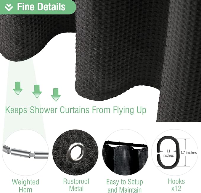 Dynamene Extra Long Fabric Shower Curtain - Waffle Weave 84 Inches Long Heavy Duty Cloth Shower Curtains for Bathroom, 256GSM Large Hotel Luxury Bath Curtain Set with 12 Plastic Hook, 72Wx84H, Black