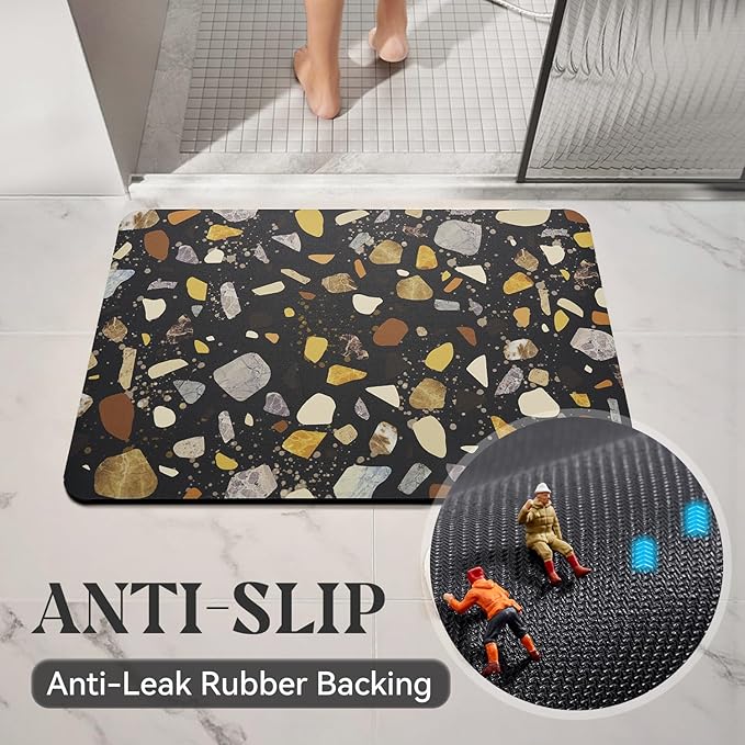 MontVoo -Bath Mat-Non Slip Thin Bathroom Rugs Fit Under Door- Quick Dry Absorbent Faux Suede Surface Grey Bathroom Floor Mats-Shower Rug for in Front of Bathtub Shower Black & Multi Color 24X70