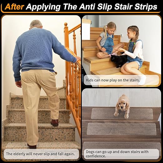 SMILOOL Clear Non Slip Stair Treads for Wooden Steps Indoor 5 Pack 4" x 40" Pre-Cut Anti Slip Stair Strips for Wood Stairs, Grip Tape Transparent Step Tread Grips for Dogs Kids and Pets, Waterproof