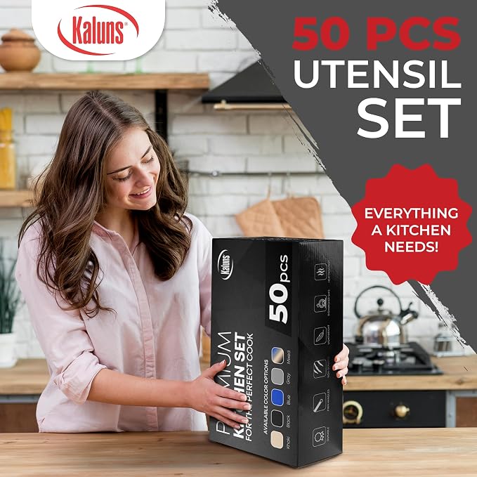 Kaluns 50 PCS Silicone Kitchen Utensils Set Complete Kitchen Set - 800°F Heat Resistant Non-Stick Premium Silicone Cooking Utensils W Wooden Handles - Can Opener, Masher, Turner, Silicone Spatula Set