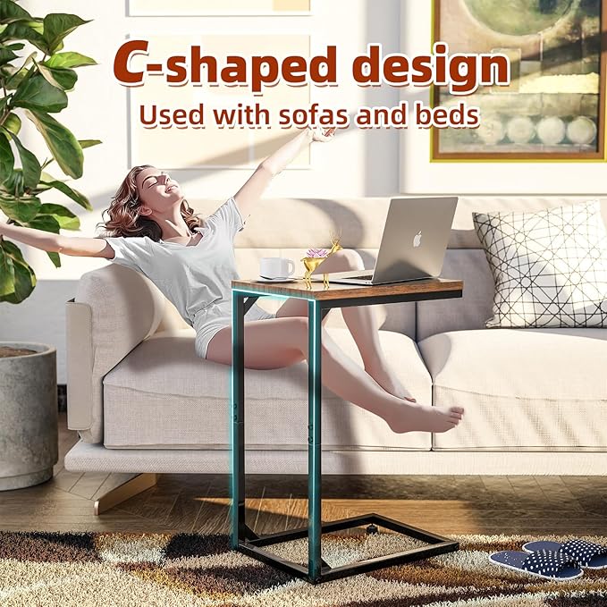 Simple Trending C Shaped End Table, TV Tray for Couch, Small Side Table with Metal Frame, for Living Room Bedroom, Rustic Brown