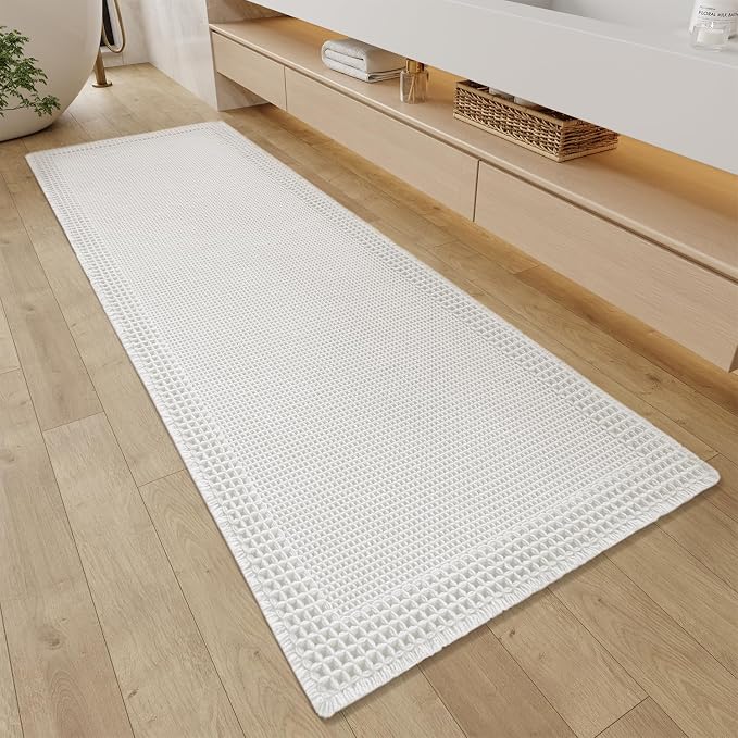 RESARE Waffle Bathroom Runner Rugs, Super Absorbent Bath Mat Non Slip Washable Quick Dry, Upgraded Ultra Soft Boho Bath Rugs with Tassels, Farmhouse Home Decor Accessories, 2'x6'(24"x72") White