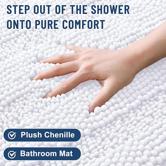 Grandaily Chenille Striped Bathroom Rugs 59x24, Extra Thick and Soft Absorbent Bath Mats, Rubber Backing, Plush Shaggy Shower Carpet, Machine Wash Dry, Bath Rug for Bathroom, Solid White