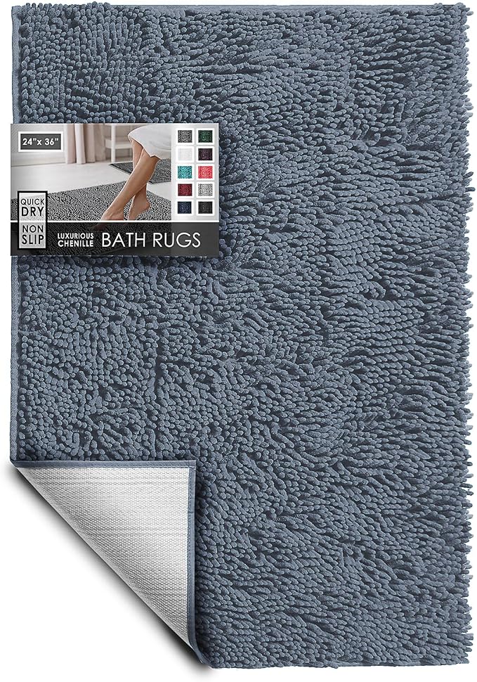 Hearth & Harbor Bathroom Rugs, Chenille Bath Mat - Machine Washable Bath Mats for Bathroom Non-Slip Backing Rubber, Quick Dry Bathroom Mat, 24 x 36 - Stone Blue