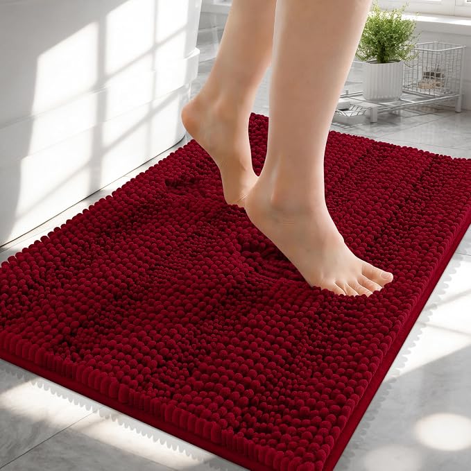 OLANLY Thick Small Bathroom Rugs 24x16, Extra Soft Absorbent Chenille Striped Bath Rugs, Rubber Backing, Machine Wash, Bath Mats for Bathroom Floor, Tub and Shower, Home Decor Accessories, Red