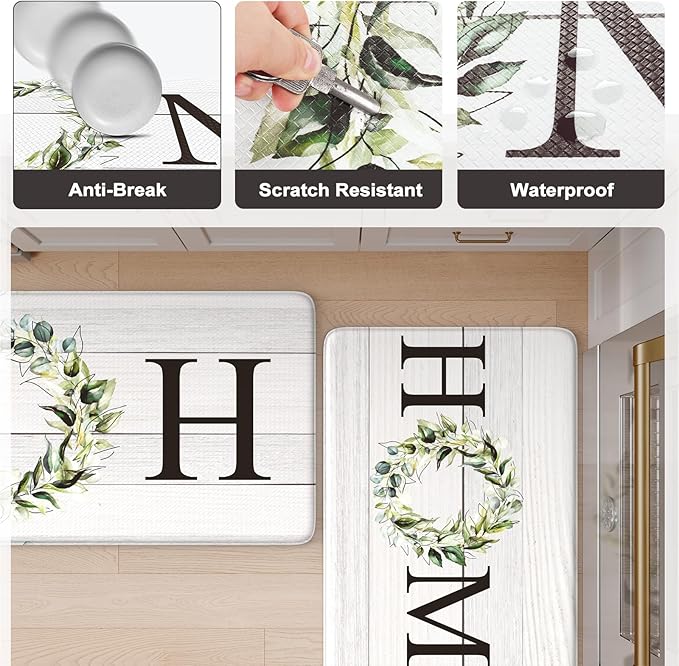 KIMODE Kitchen Anti Fatigue Rug Set of 2, Ergonomic Standing Kitchen Mat Set 2PCS, Farmhouse Kitchen Runner Stain Resistant, Non Slip Waterproof Kitchen Mats for Floor, 20" x 71" + 20" x 32", White