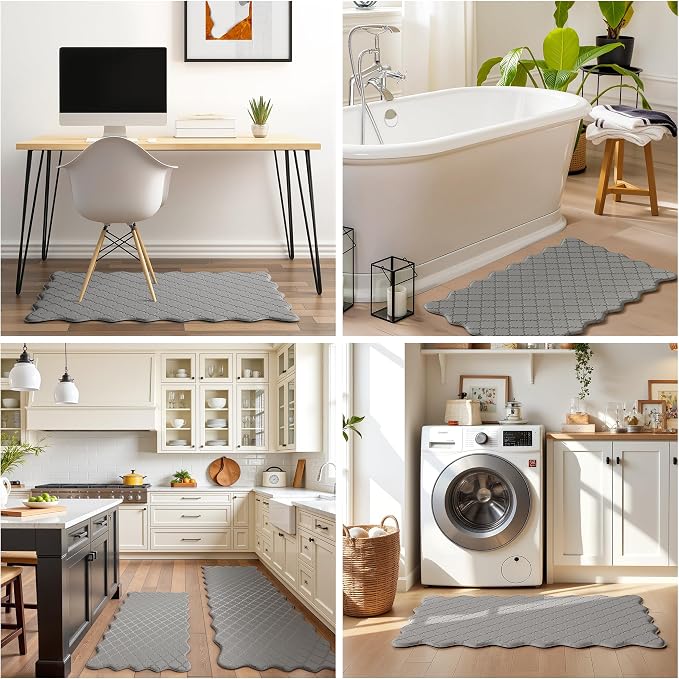 Arenarug Upgrade Scalloped Embossed Kitchen Mats for Floor 2PCS Cushioned Anti Fatigue Waterproof Foam Kitchen Rugs Non Slip Washable Comfort Standing Mat for Sink Laundry, 17.3"x30"+17.3"x59", Grey