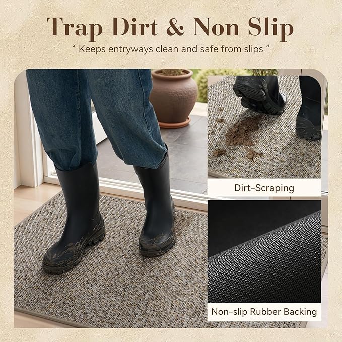 MontVoo Door Mat Indoor Entrance Doormat, Absorbent Durable Rubber Non Slip Front Door Mat for Inside Entry Entryway Dirt Trapper Welcome Mat, Grey Brown 17''x30''