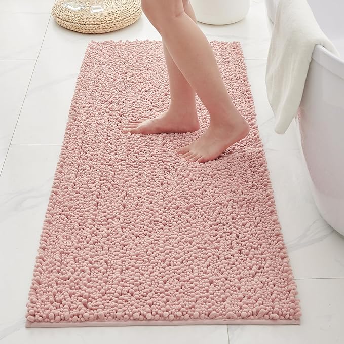 Bathroom Rugs Non Slip Washable 55x24, Extra Thick Soft Chenille Absorbent Bath Mat, High Density Barrier Non Slip Backing, Quick Dry Plush Shaggy Floor Carpet for Tub&Shower, Pink