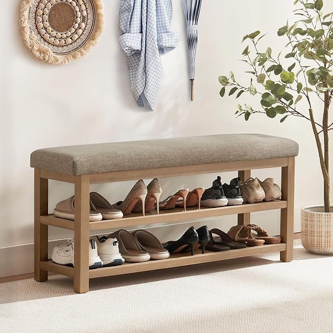Zihanhome Shoe Rack Bench with Cushion, 2 Tier Solid Wood Storage Bench, Mid-Century Modern Shoe Bench for Entryway, Hallway, Closet, Front Door Entrance, Foyer (Brown, 46.5")