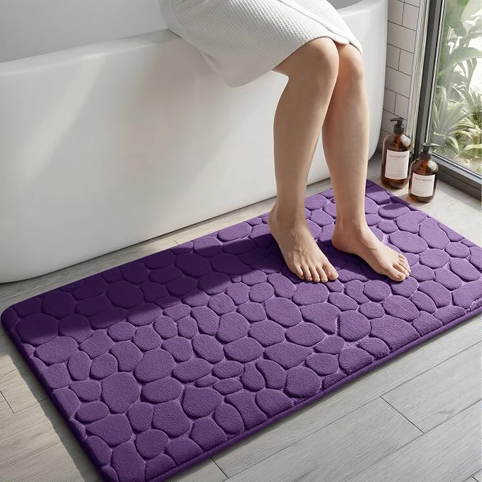 YIHOUSE Memory Foam Runner Rug, Cobblestone Bathroom Runner Rugs Super Water Absorbent Bath Mats for Bathroom Machine Washable Bath Rugs for Hallway Bedroom Laundry Room(20 x 47,Eggplant)
