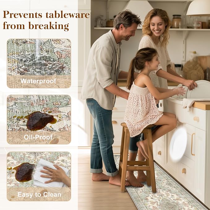 Boho Kitchen Mats for Floor 2 Piece Set Anti Fatigue Cushioned PVC Kitchen Rugs Non Slip Waterproof Farmhouse Mats 2/5 Inch Comfort Standing Mat for Laundry, 17.3"x59"+17.3"x28", Green Orange Beige