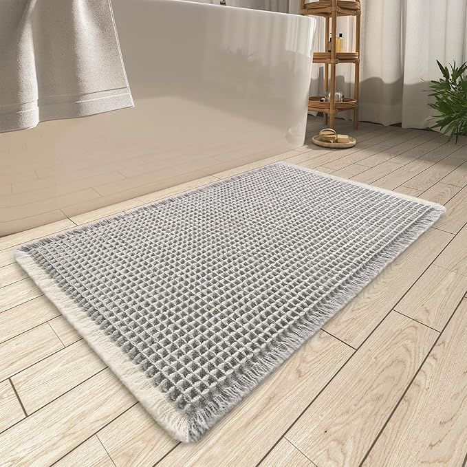 Upgraded Waffle Bath Mat, Super Absorbent Non Slip Bath Mats for Bathroom Floor, Machine Washable Bathroom Rugs with Tassels, Rubber Backed Bathroom Mats, Ultra Soft, 24" x 36",LightGrey & Cream
