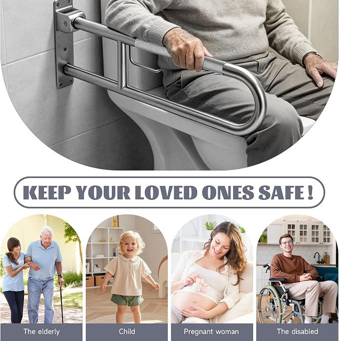 22.5 Inch Toilet Grab Bar, HUAS Brushed Nickel Anti Slip Bathroom Toilet Safety Rails, U Shaped Flip-Up Handicap Grab Bars w/Paper Holder, Stainless Steel Support Handrail for Elderly Disabled Senior